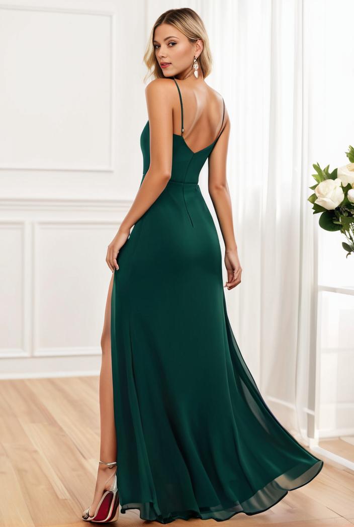 pleated v neck spaghetti strap high slit bridesmaid dress 122565
