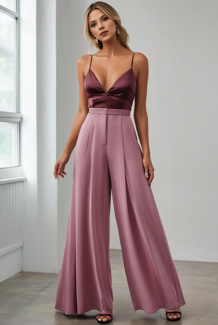 pleated v neck spaghetti strap high slit bridesmaid dress 122576