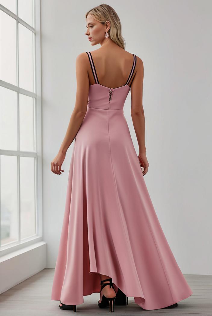 pleated v neck spaghetti strap high slit bridesmaid dress 122578