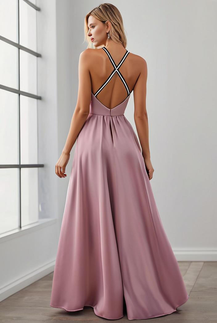 pleated v neck spaghetti strap high slit bridesmaid dress 122581