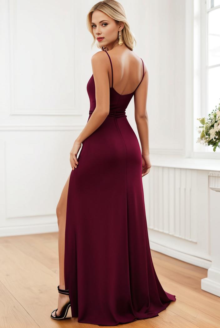 pleated v neck spaghetti strap high slit bridesmaid dress 122587