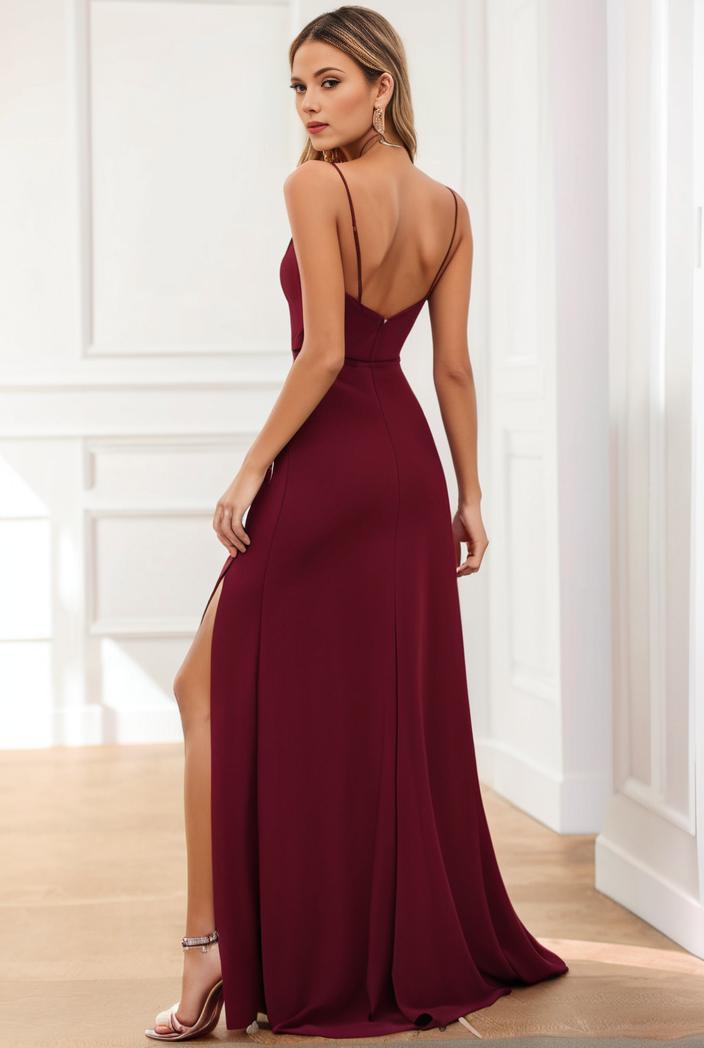 pleated v neck spaghetti strap high slit bridesmaid dress 122585