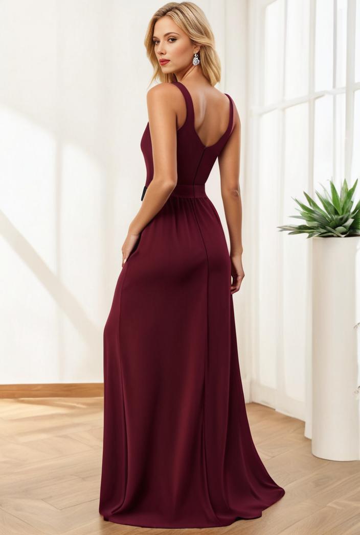 pleated v neck spaghetti strap high slit bridesmaid dress 122591