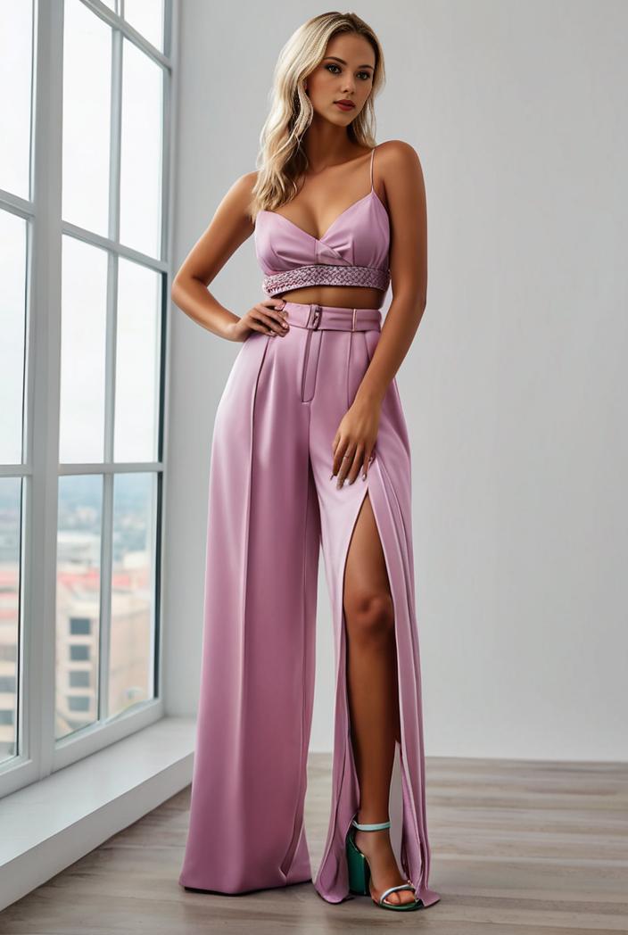 pleated v neck spaghetti strap high slit bridesmaid dress 122600