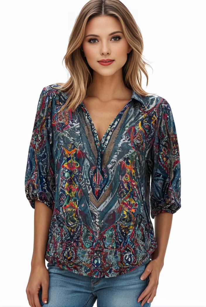 plus size boho top women s plus allover paisley print half sleeve v neck slight stretch top 122789