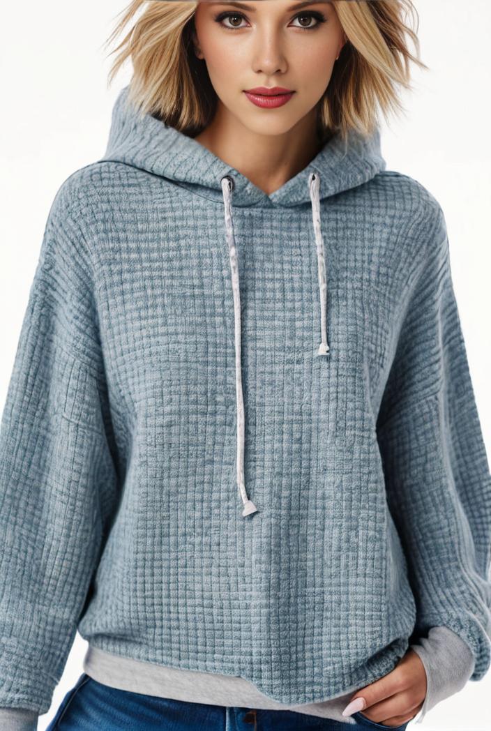 plus size casual sweatshirt women s plus solid waffle long sleeve drawstring hooded pullover sweatshirt with kangaroo pockets casual tops for fall winter women s clothing 123280