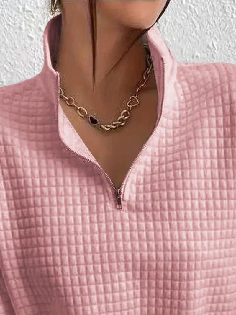 Waffle Grid Quarter Zip Pullover - Stylish Women's Fall & Winter Sweatshirt