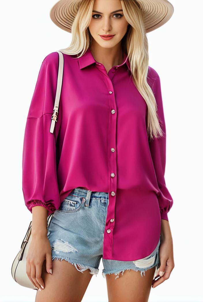 casual button up shirt with front pocket and turn down collar for women 109174