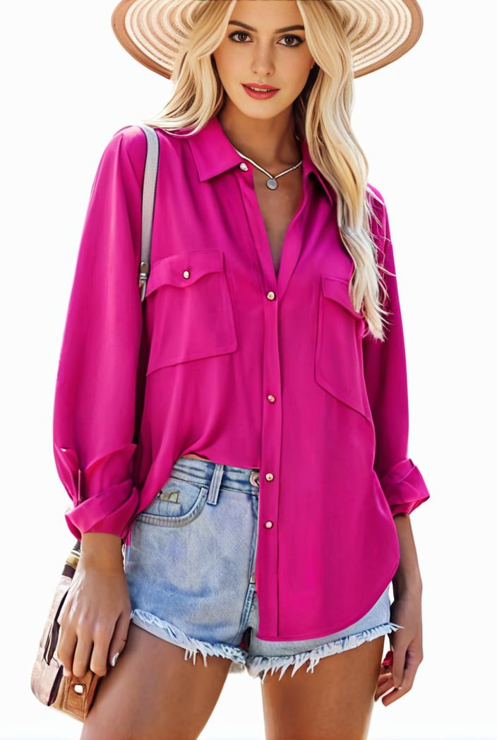 casual button up shirt with front pocket and turn down collar for women 109176