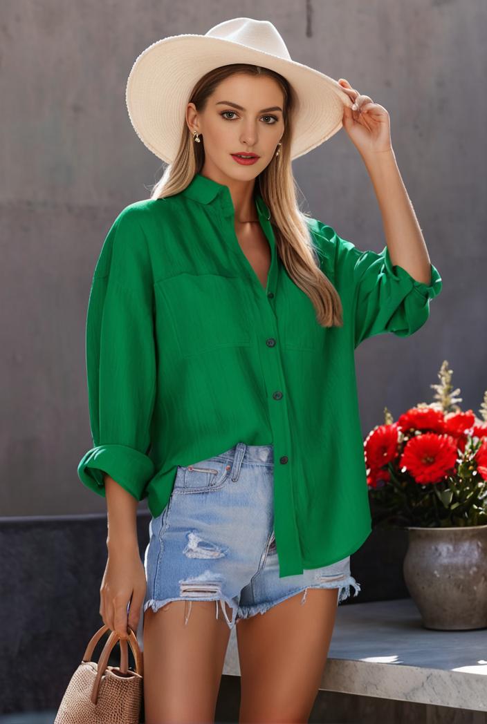 casual button up shirt with front pocket and turn down collar for women 109213