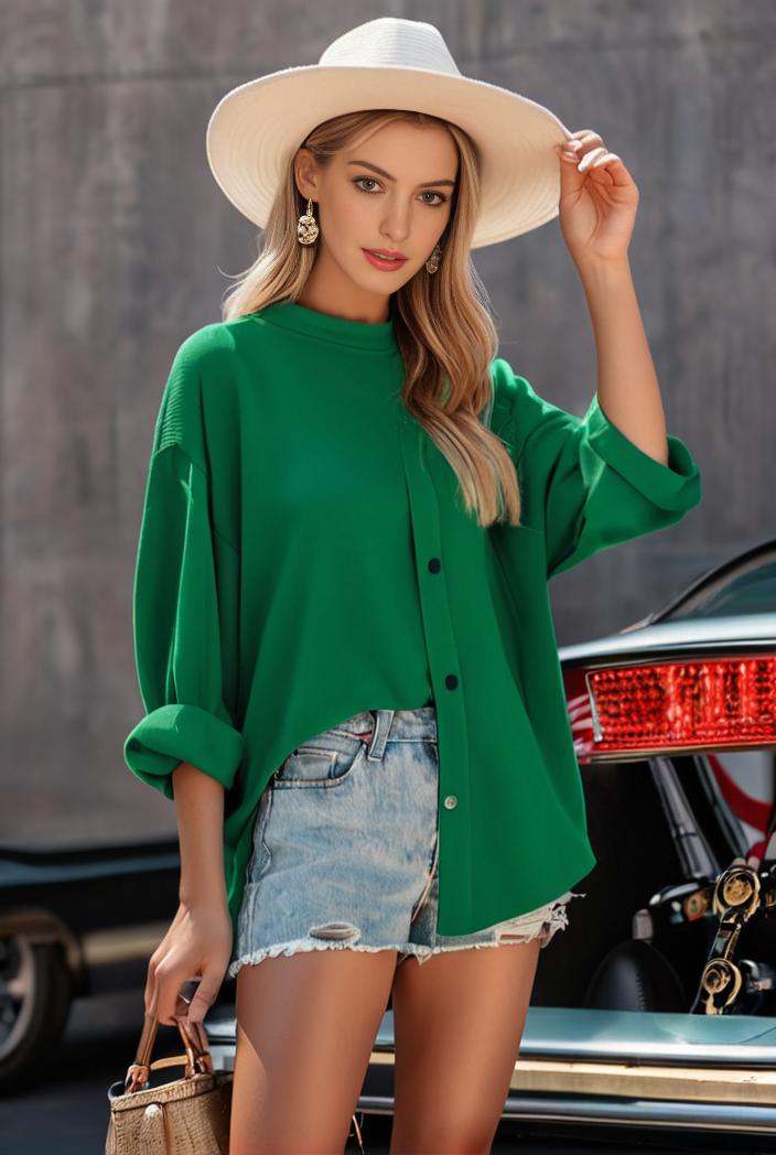 casual button up shirt with front pocket and turn down collar for women 109214