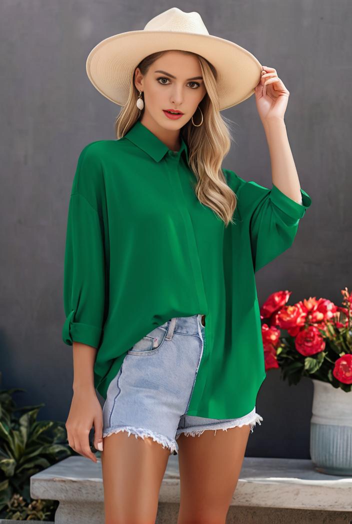 casual button up shirt with front pocket and turn down collar for women 109217
