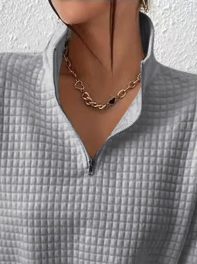 Waffle Grid Quarter Zip Pullover - Stylish Women's Fall & Winter Sweatshirt