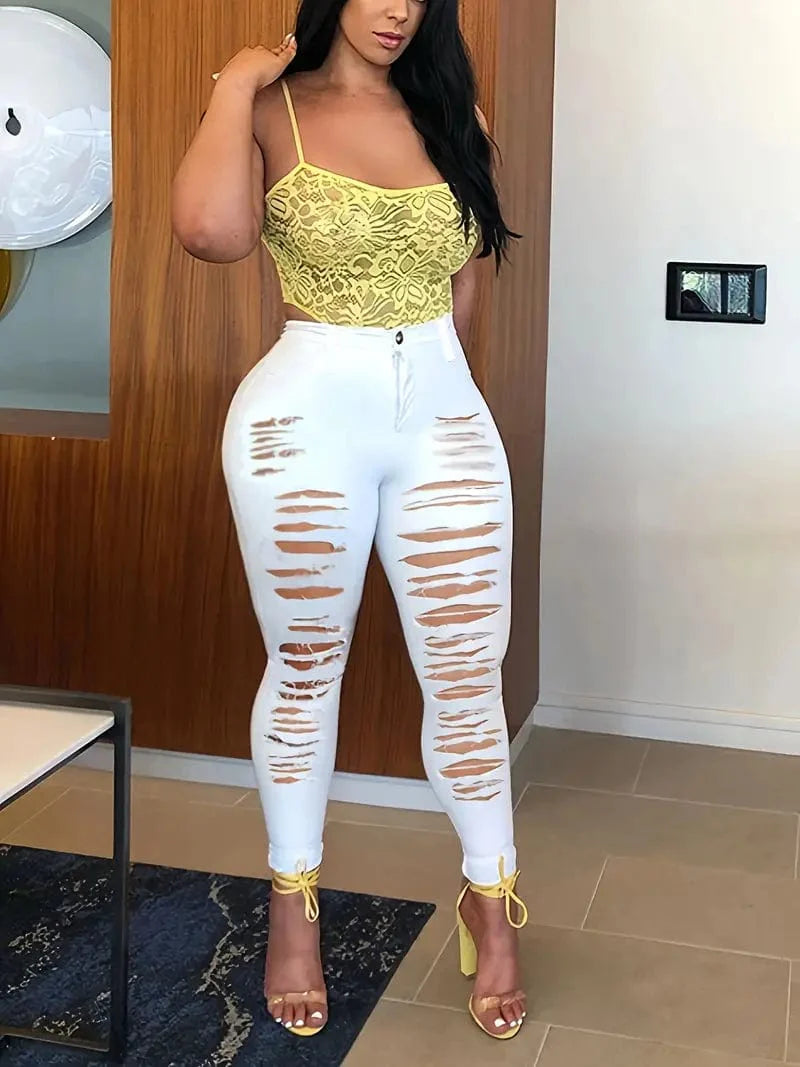 Skinny Black Denim Pants with Rips, Women's Stretchy Jeans