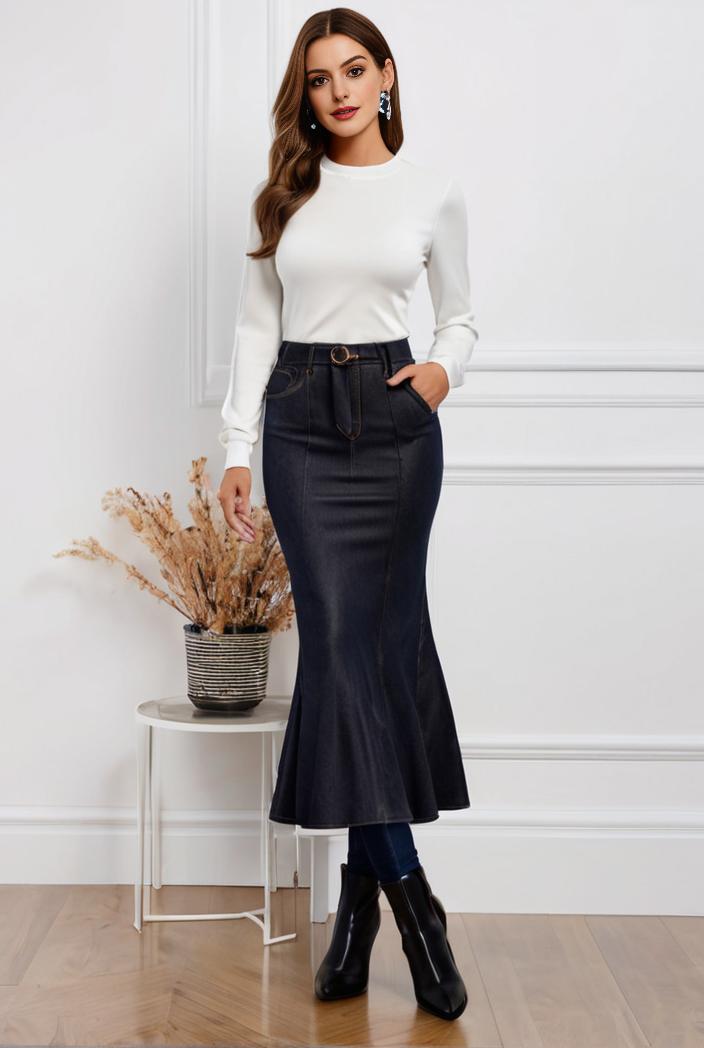 mermaid denim skirt with slant pockets stretch high waist women s denim midi skirt 124898