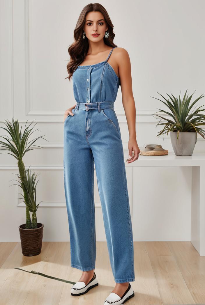 relaxed fit denim jumpsuit with slant pockets non elastic washed denim overalls women s denim apparel 127049