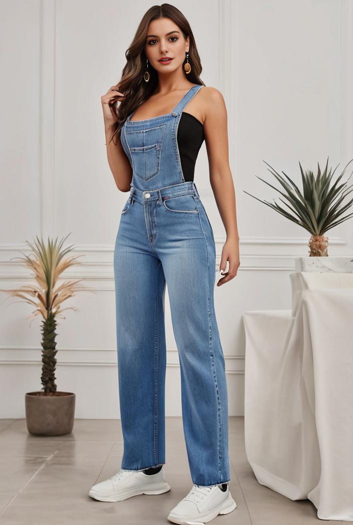 relaxed fit denim jumpsuit with slant pockets non elastic washed denim overalls women s denim apparel 127050