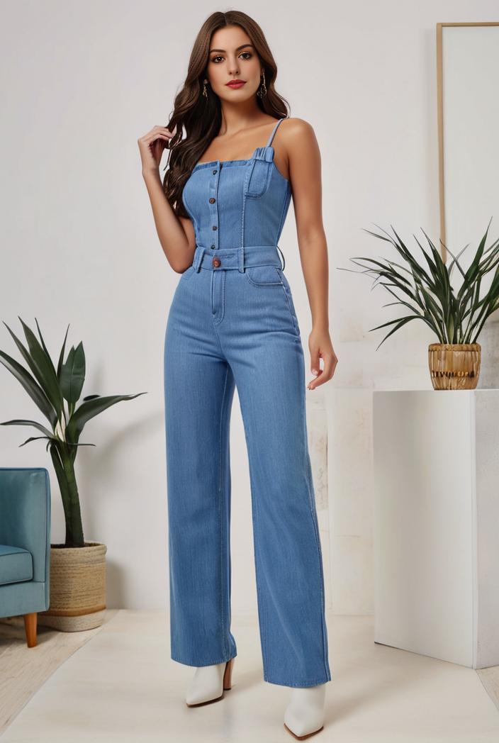 relaxed fit denim jumpsuit with slant pockets non elastic washed denim overalls women s denim apparel 127054