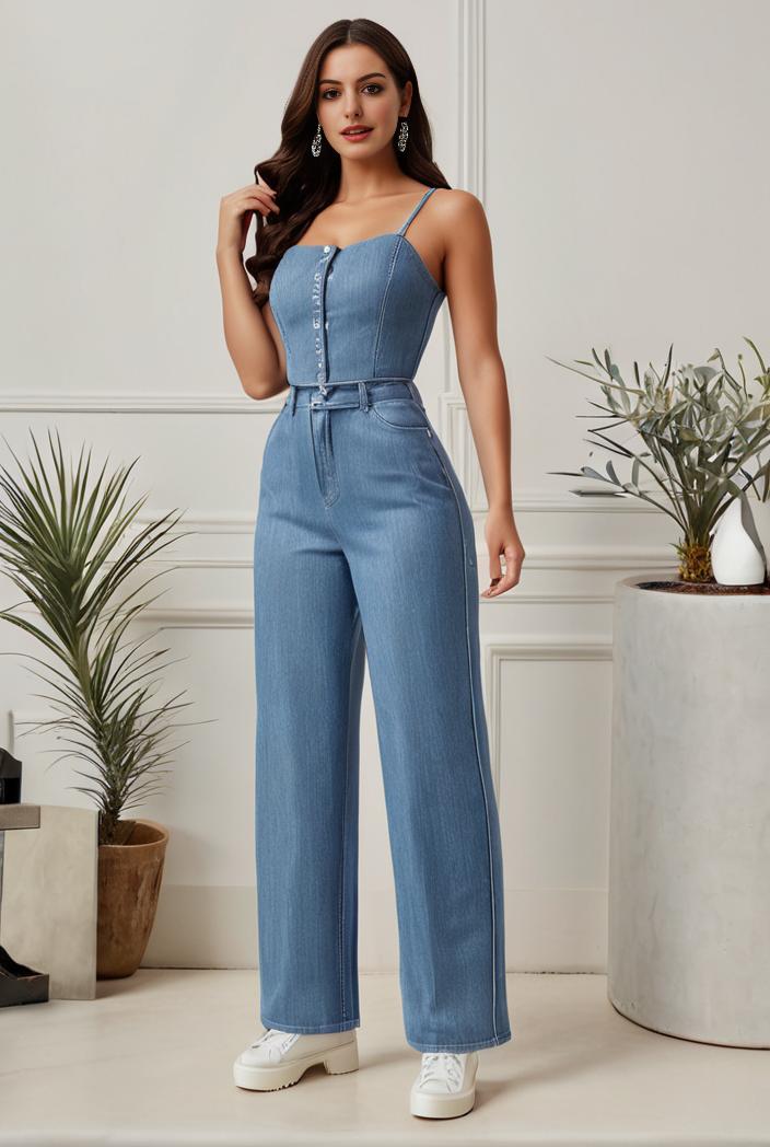 relaxed fit denim jumpsuit with slant pockets non elastic washed denim overalls women s denim apparel 127056