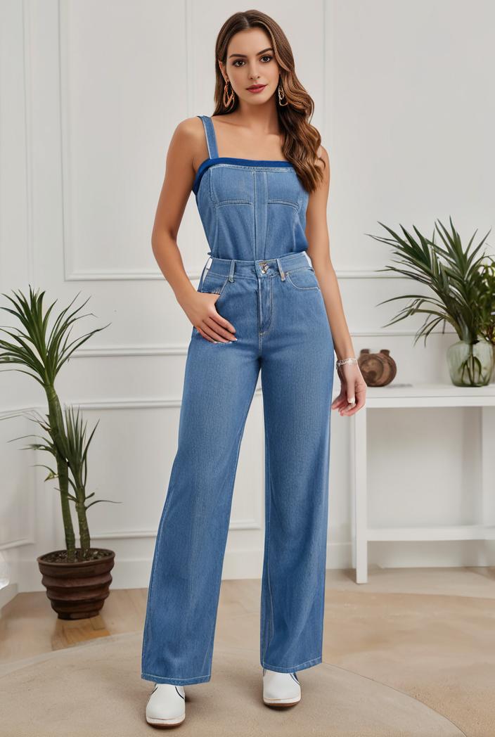 relaxed fit denim jumpsuit with slant pockets non elastic washed denim overalls women s denim apparel 127057