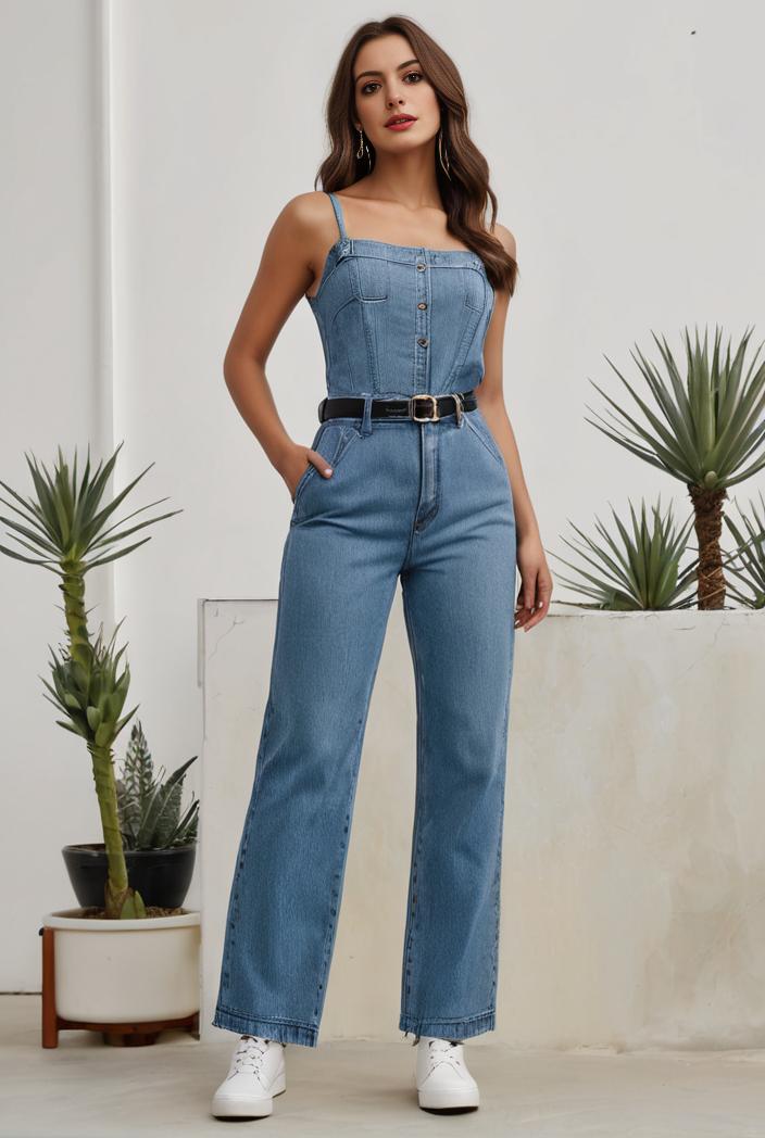 relaxed fit denim jumpsuit with slant pockets non elastic washed denim overalls women s denim apparel 127059