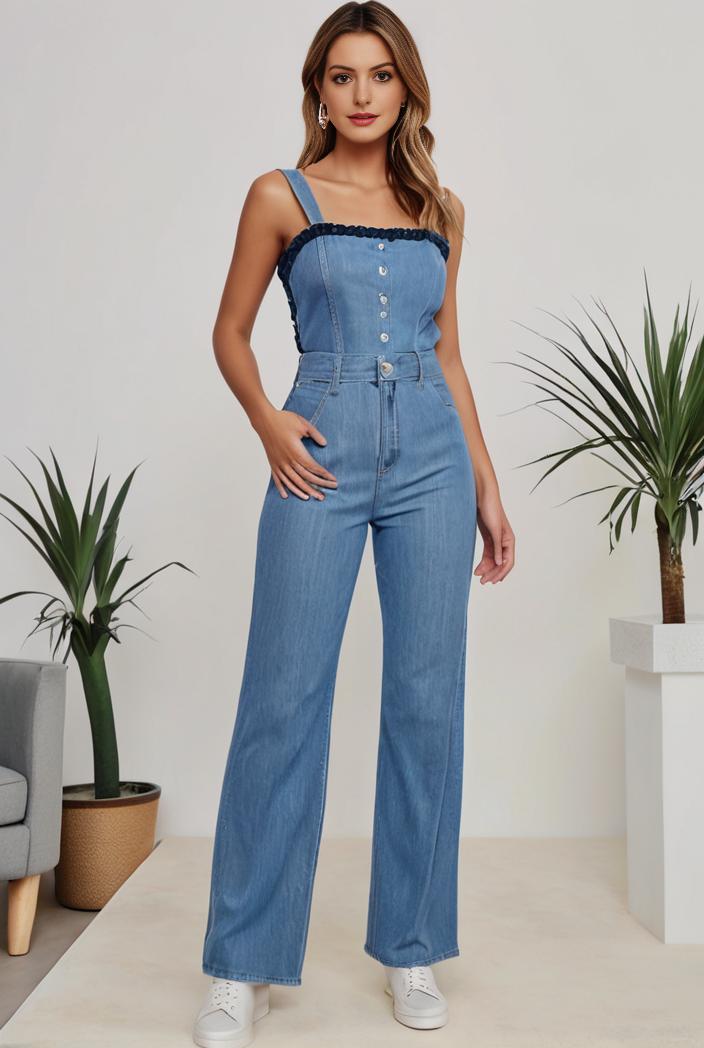 relaxed fit denim jumpsuit with slant pockets non elastic washed denim overalls women s denim apparel 127062