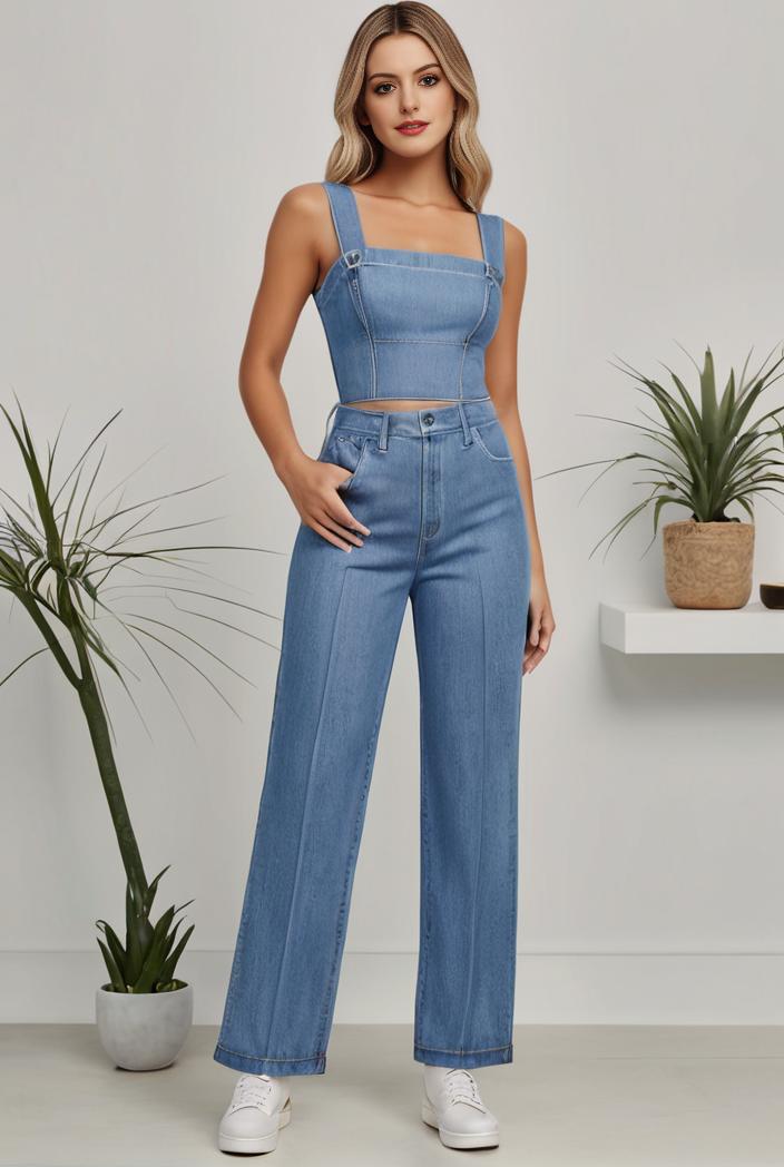 relaxed fit denim jumpsuit with slant pockets non elastic washed denim overalls women s denim apparel 127063