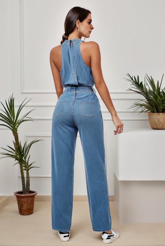 relaxed fit denim jumpsuit with slant pockets non elastic washed denim overalls women s denim apparel 127065