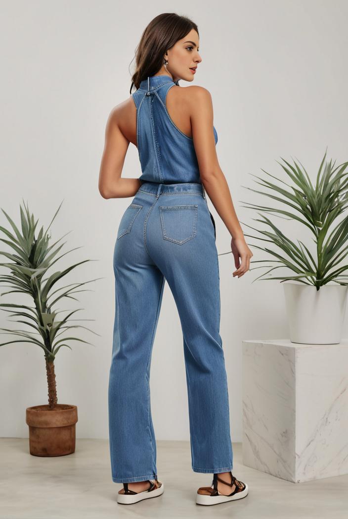 relaxed fit denim jumpsuit with slant pockets non elastic washed denim overalls women s denim apparel 127068