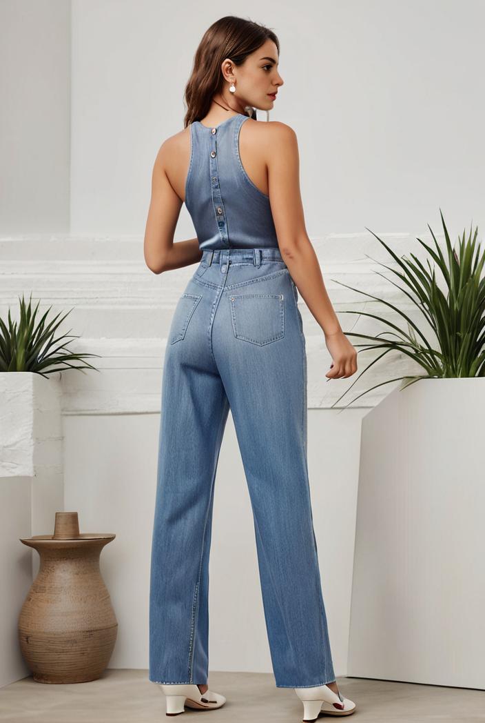 relaxed fit denim jumpsuit with slant pockets non elastic washed denim overalls women s denim apparel 127069