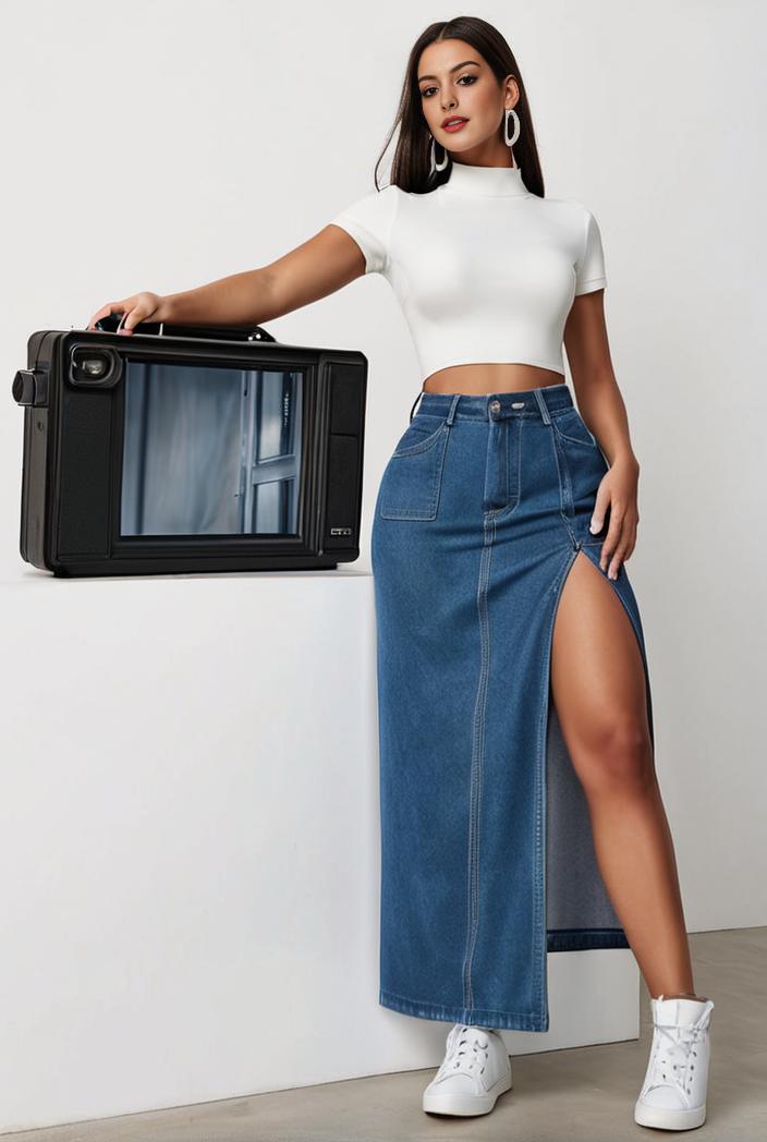 split thigh casual denim midi skirt with slant pockets 133498