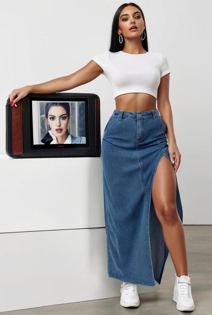 split thigh casual denim midi skirt with slant pockets 133499