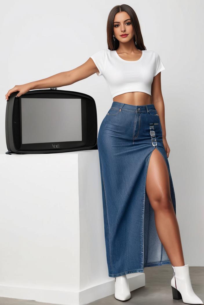 split thigh casual denim midi skirt with slant pockets 133500