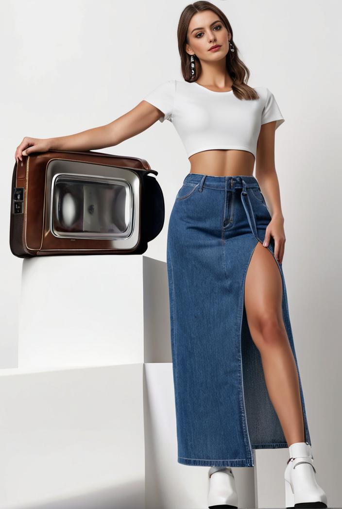 split thigh casual denim midi skirt with slant pockets 133504