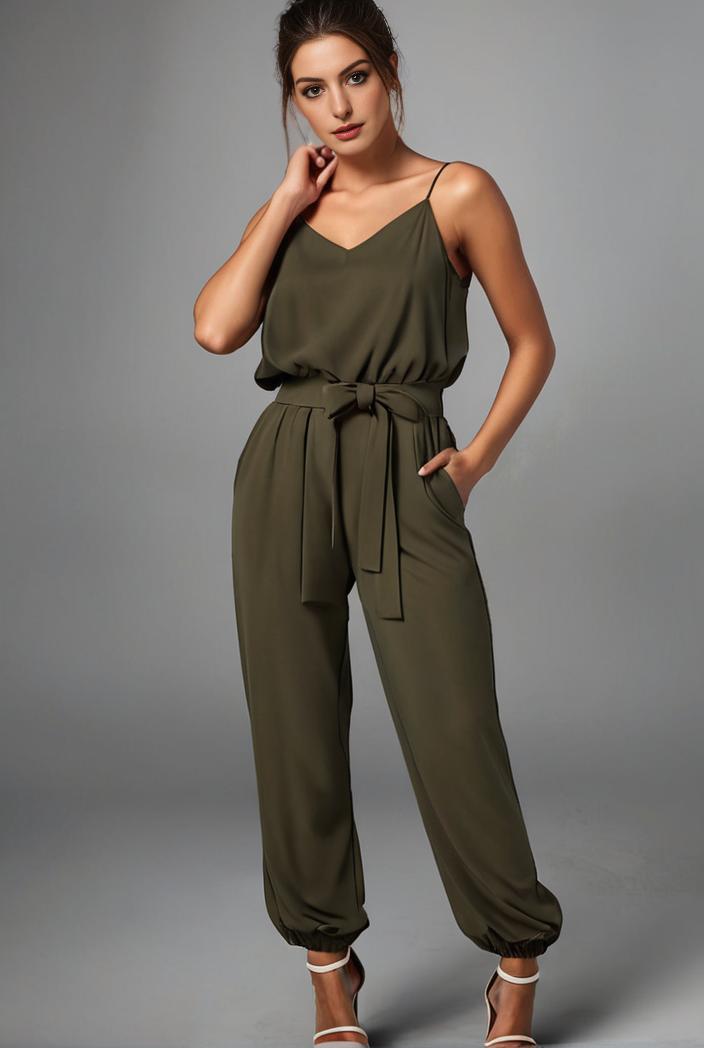 stylish sleeveless jumpsuit with tie waist and flap pockets for women 134321