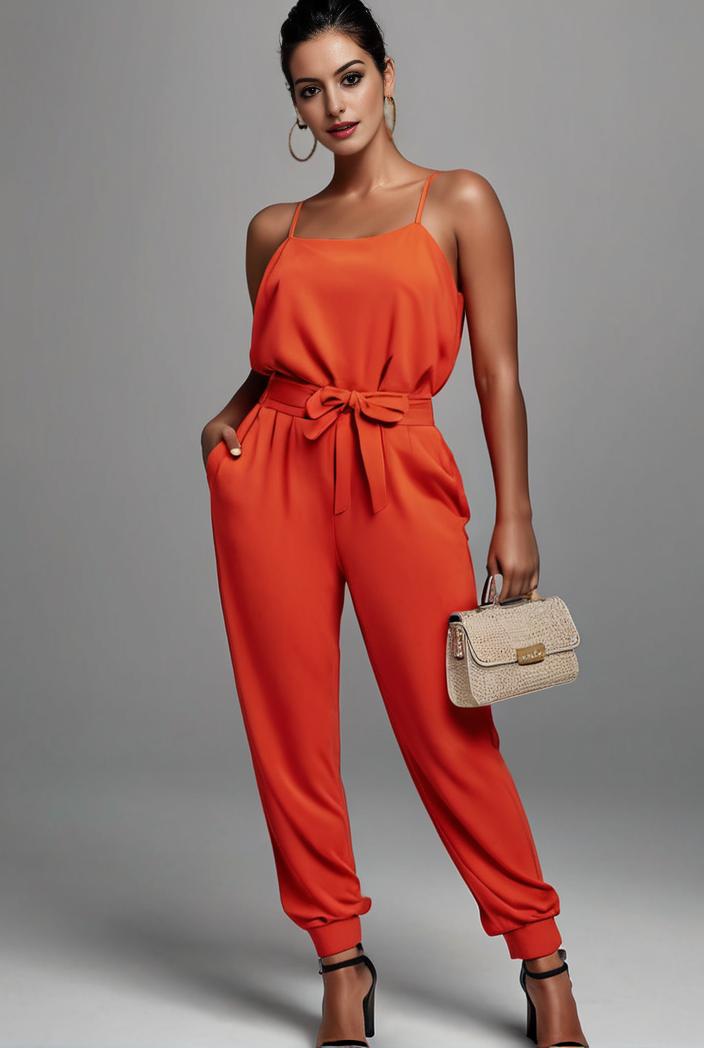 stylish sleeveless jumpsuit with tie waist and flap pockets for women 134355