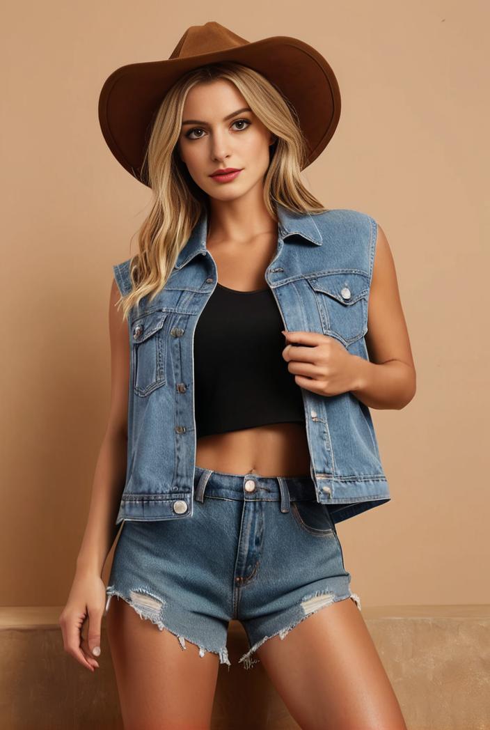 washed denim sleeveless vest with distressed ripped lapel women s denim jacket collection 138271
