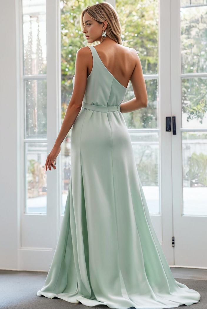 flowy chiffon one shoulder with three straps bridesmaid dress 101933