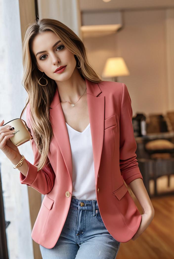 ladies solid button up blazer with long sleeves casual lapel design 108250
