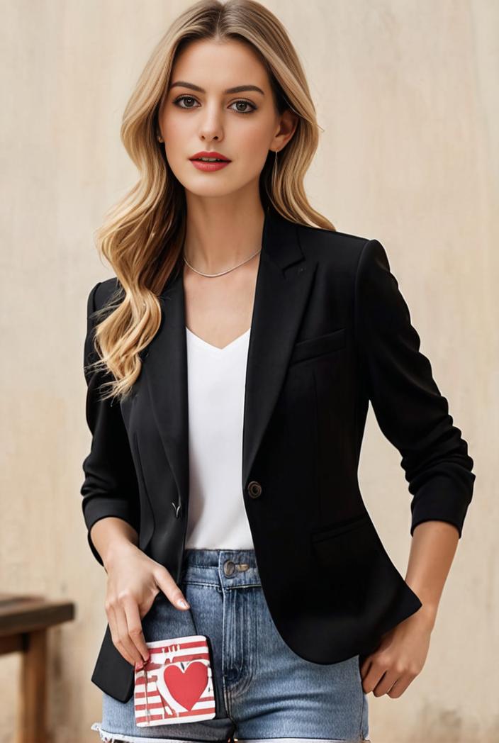 ladies solid button up blazer with long sleeves casual lapel design 108266