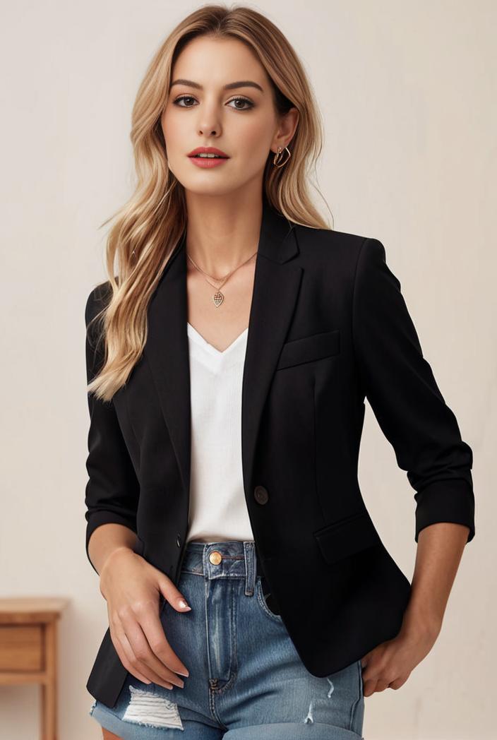ladies solid button up blazer with long sleeves casual lapel design 108268