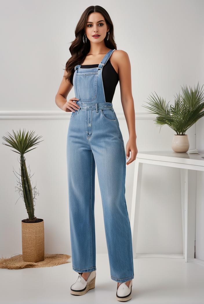relaxed fit denim jumpsuit with slant pockets non elastic washed denim overalls women s denim apparel 111906