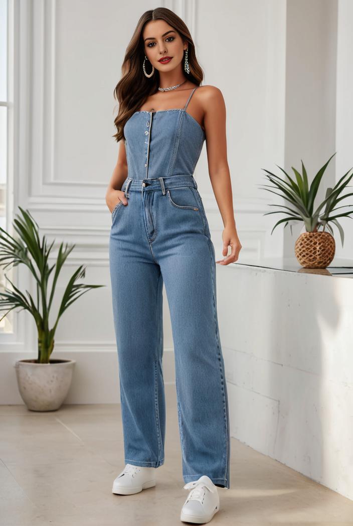 relaxed fit denim jumpsuit with slant pockets non elastic washed denim overalls women s denim apparel 111910
