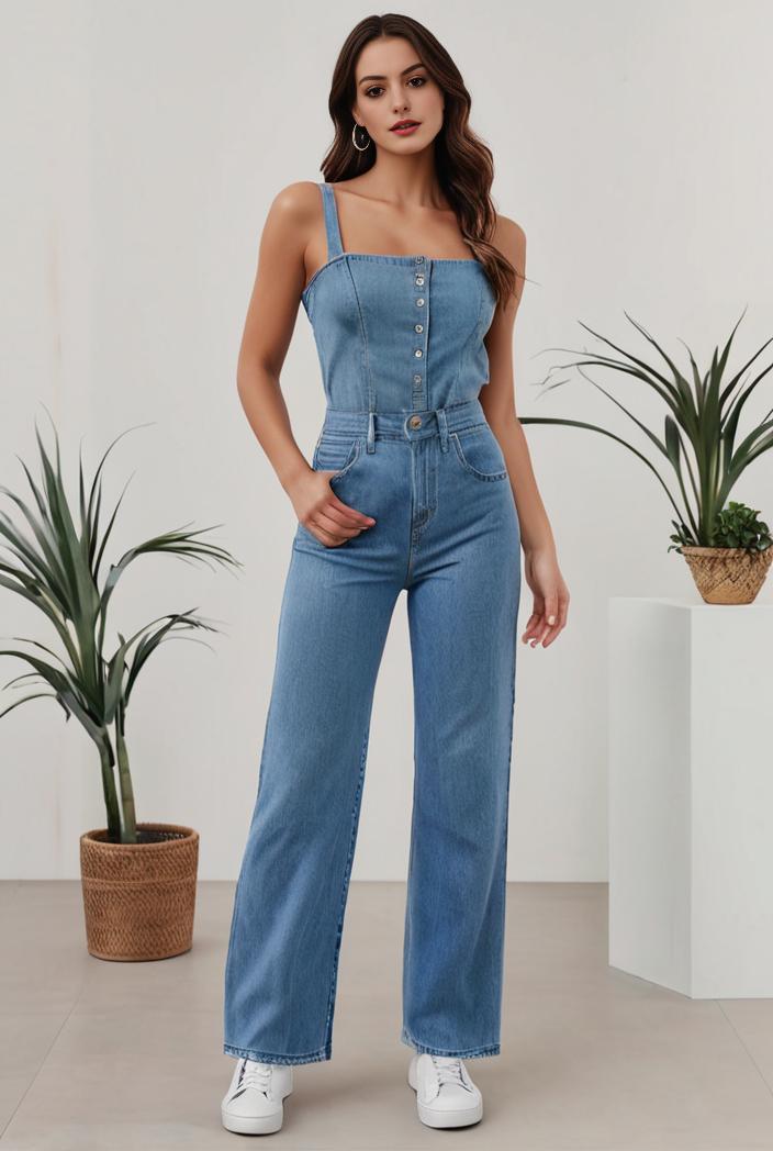 relaxed fit denim jumpsuit with slant pockets non elastic washed denim overalls women s denim apparel 111916