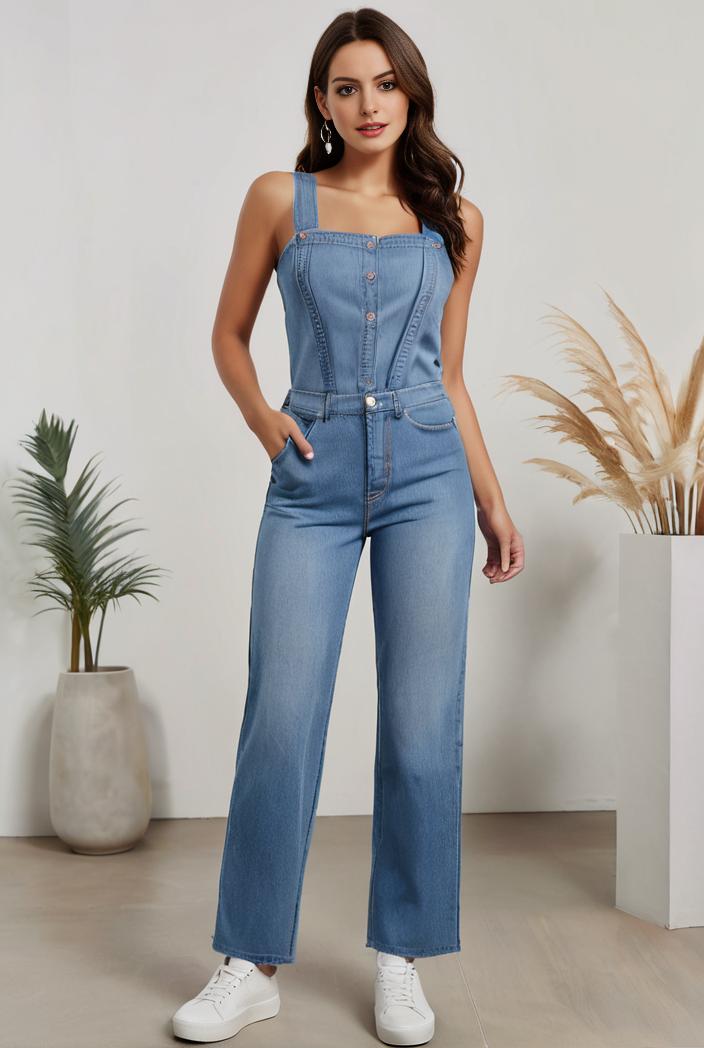 relaxed fit denim jumpsuit with slant pockets non elastic washed denim overalls women s denim apparel 111919