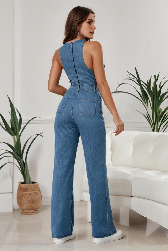 relaxed fit denim jumpsuit with slant pockets non elastic washed denim overalls women s denim apparel 111924
