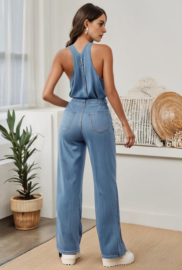 relaxed fit denim jumpsuit with slant pockets non elastic washed denim overalls women s denim apparel 111925