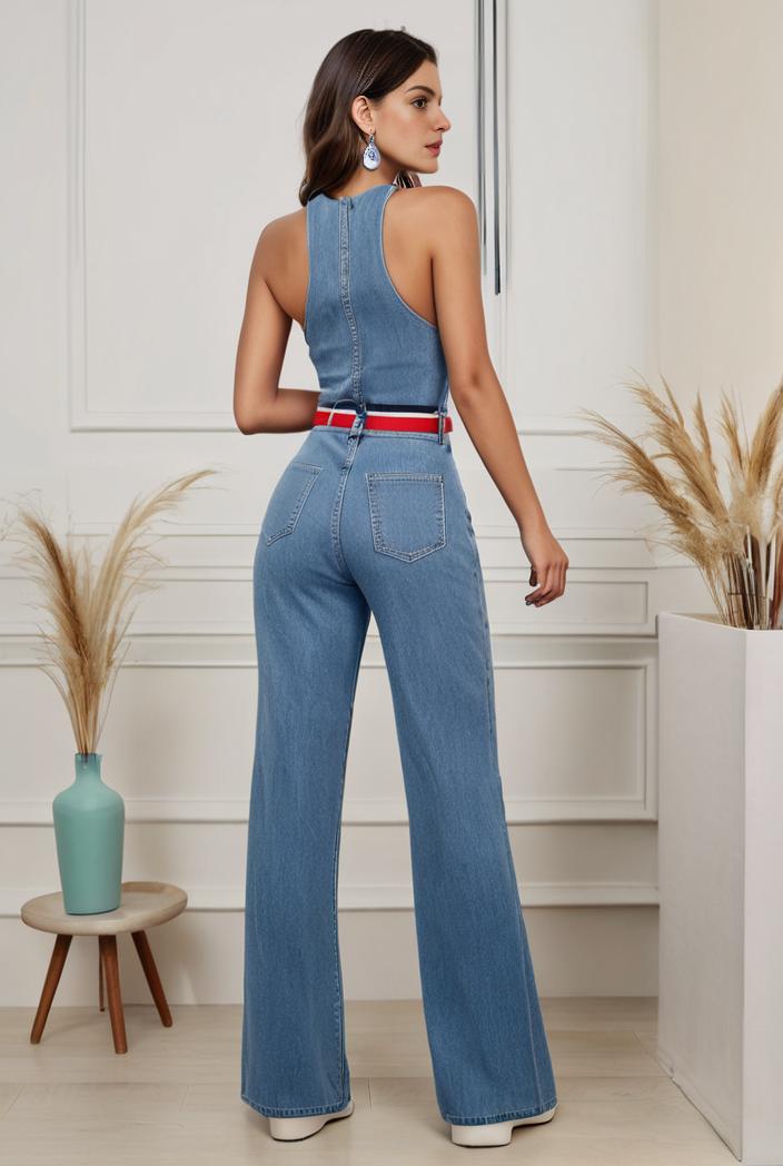 relaxed fit denim jumpsuit with slant pockets non elastic washed denim overalls women s denim apparel 111927