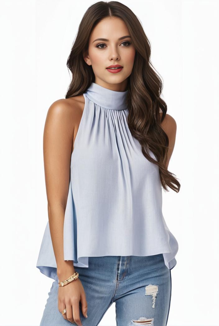 mock neck ruched ruffles sleeveless casual top 130820