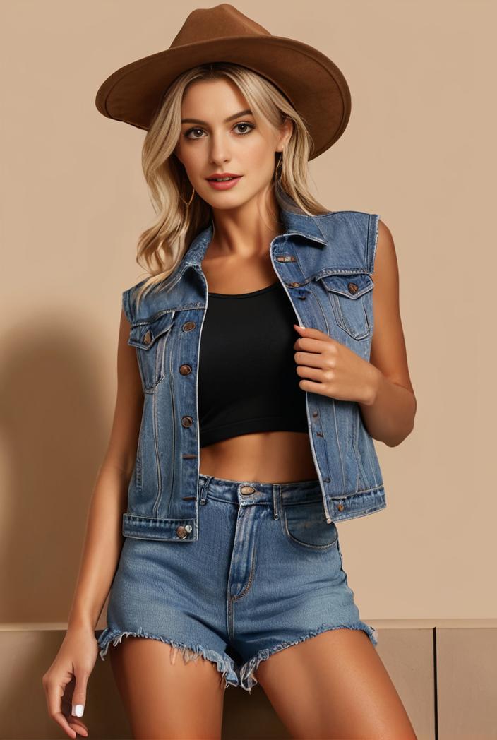 washed denim sleeveless vest with distressed ripped lapel women s denim jacket collection 123072